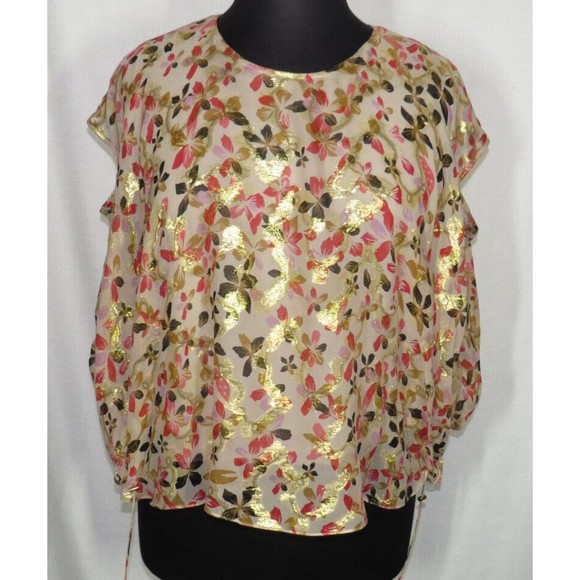 Diane Von Furstenberg Silk Blouse Cream Gold Pink Floral Drawstring, Size 12 - Picture 8 of 13